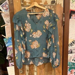 Kaari Blue Teal and Peach Floral Blouse